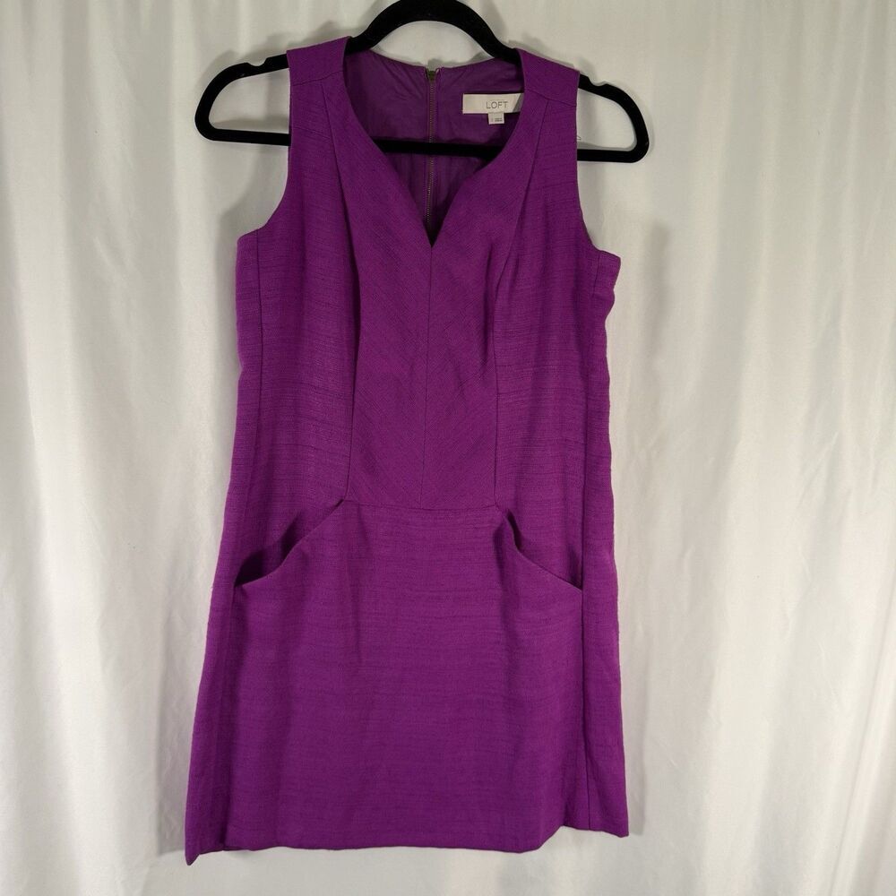 LOFT Sheath Pencil Dress Women's 2 Purple Sleeveless V-Neck Pockets Textured